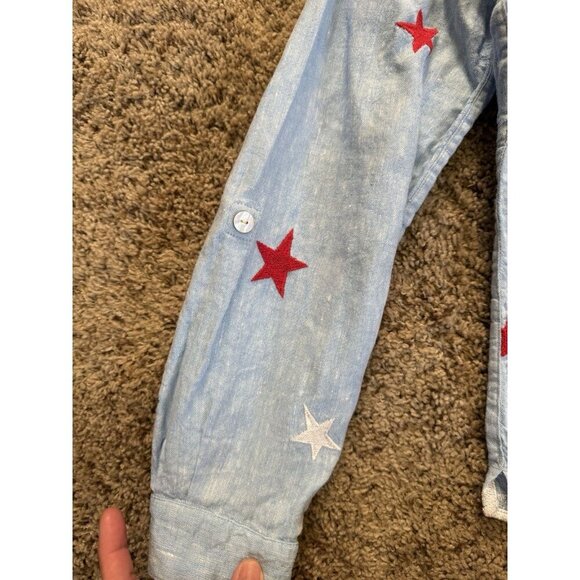 JOHN MARK 100% Linen Embroidered Navy Red White Stars Button Front Knot Boho S - Picture 6 of 9